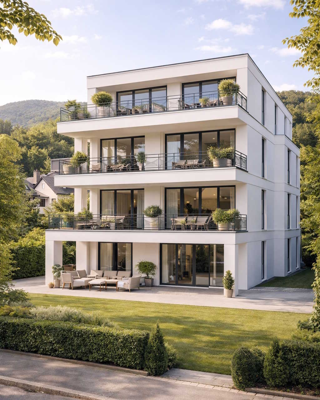 Modernes, mehrstöckiges Wohngebäude mit Balkonen und großen Glasfronten in grüner Umgebung