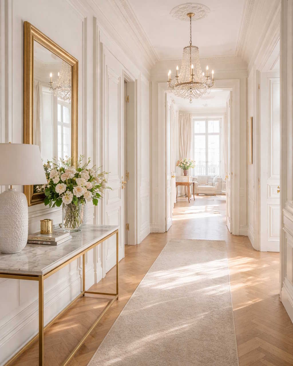Heller, eleganter Flur mit Parkettboden, Spiegel, Blumenarrangement und Kronleuchtern