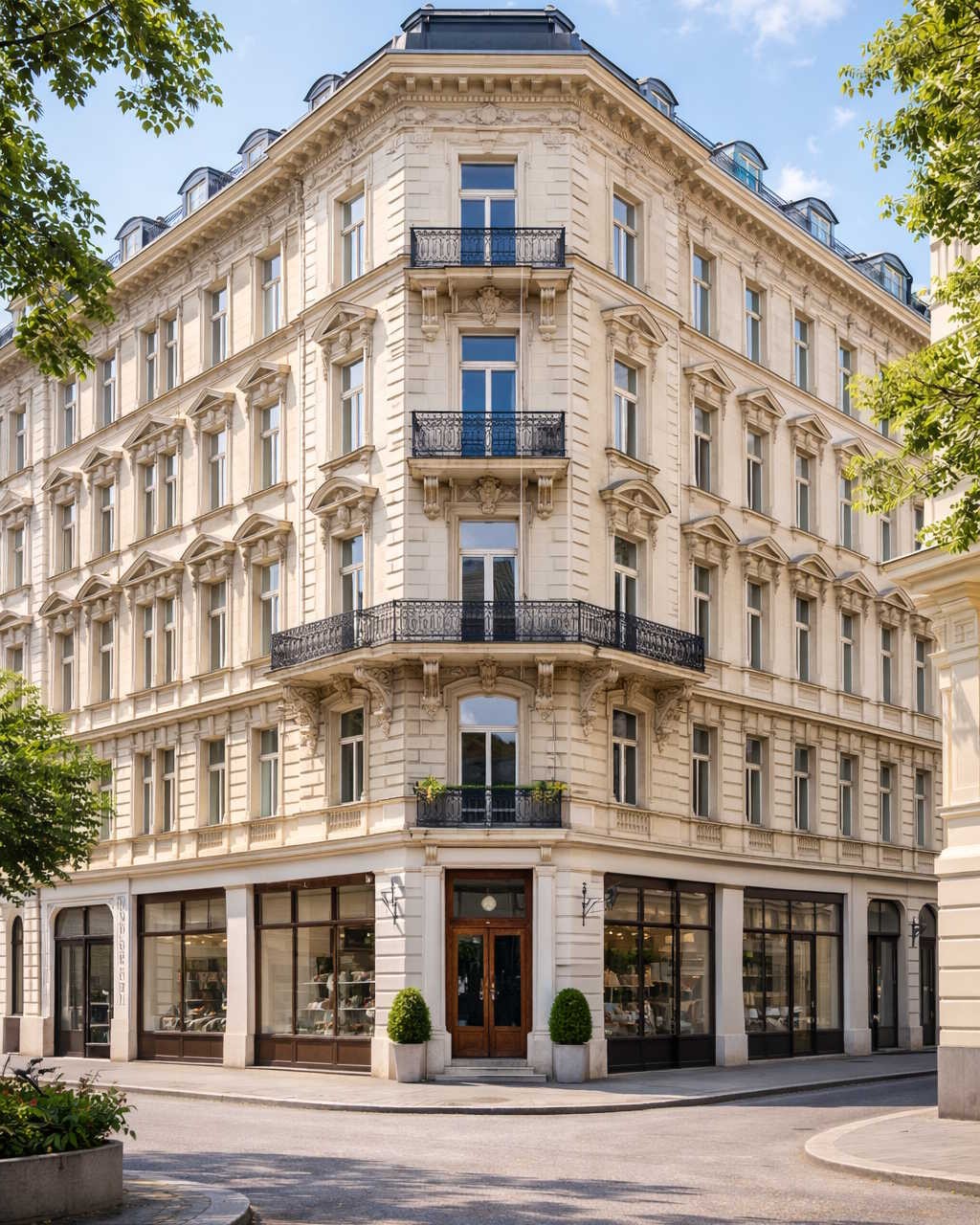 Prachtvolles, mehrstöckiges Eckhaus mit cremefarbener Fassade, kunstvollen Balkonen aus Schmiedeeisen und großen Schaufenstern im Erdgeschoss an einer sonnigen Straßenecke.
