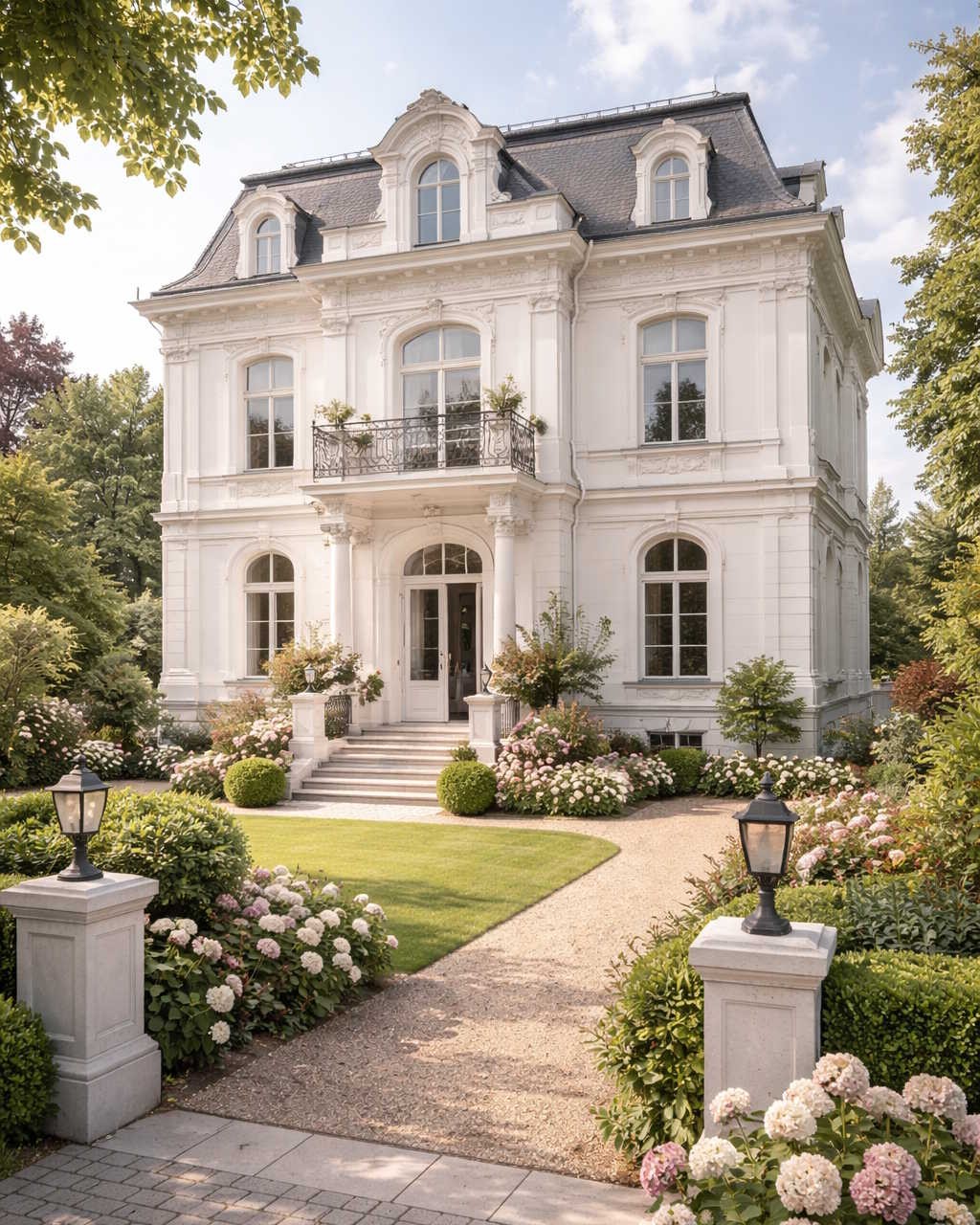 Prachtvolle weiße Gründerzeit-Villa mit Mansarddach, prunkvoller Fassade und Balkon, umgeben von einem gepflegten Garten mit blühenden Hortensien und einem Kiesweg.